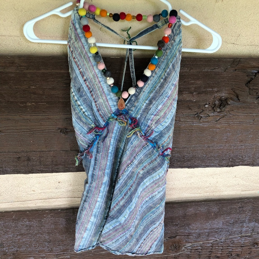 Shop Therapy Nepal S/ M Hippie boho ethnic fringe frayed halter tank top earthy